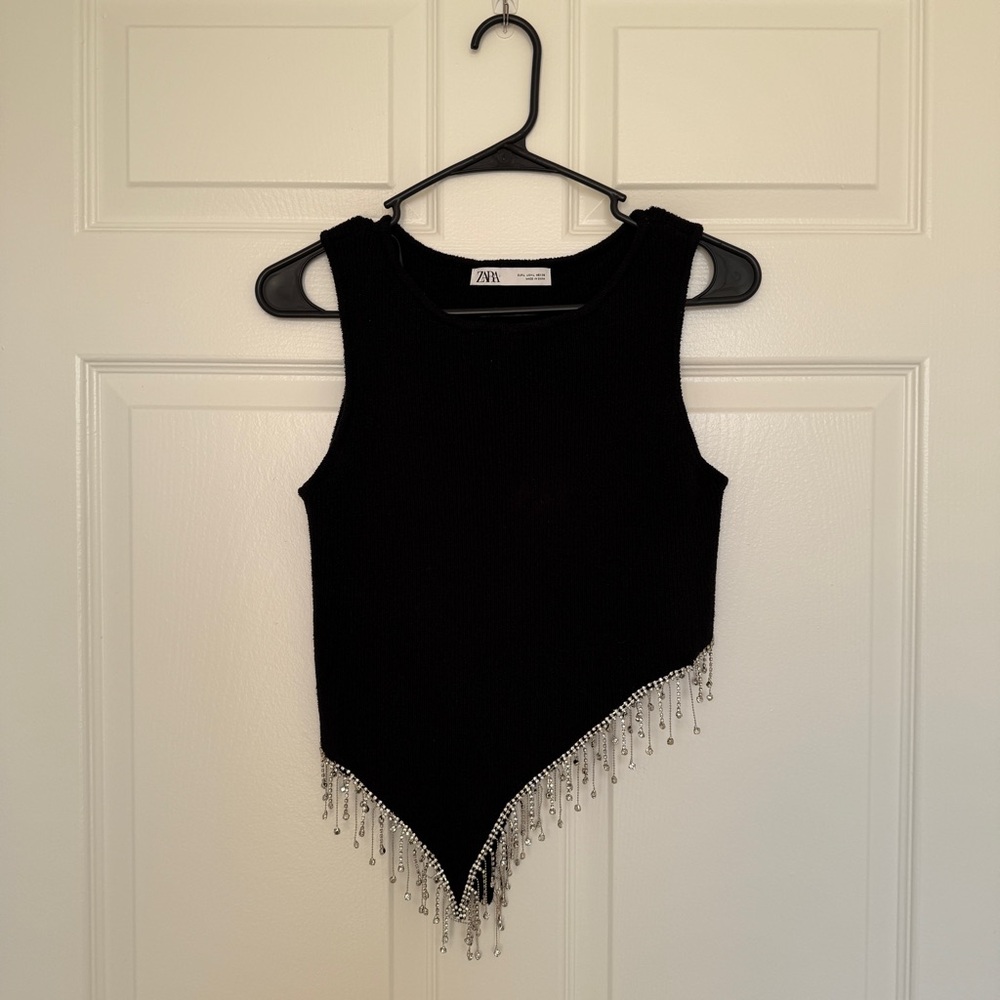 Zara Black Sleeveless Top with Fringe Detail